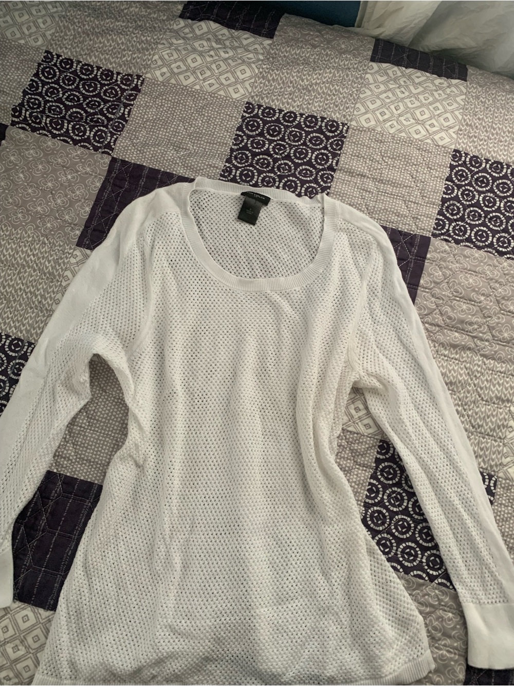 Ann Taylor White Mesh Long-Sleeve Scoop Neck Top